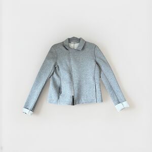 Lola & Sophie Gray Asymmetrical Zip Jacket Womens M Moto Style Stretch Knit Scub